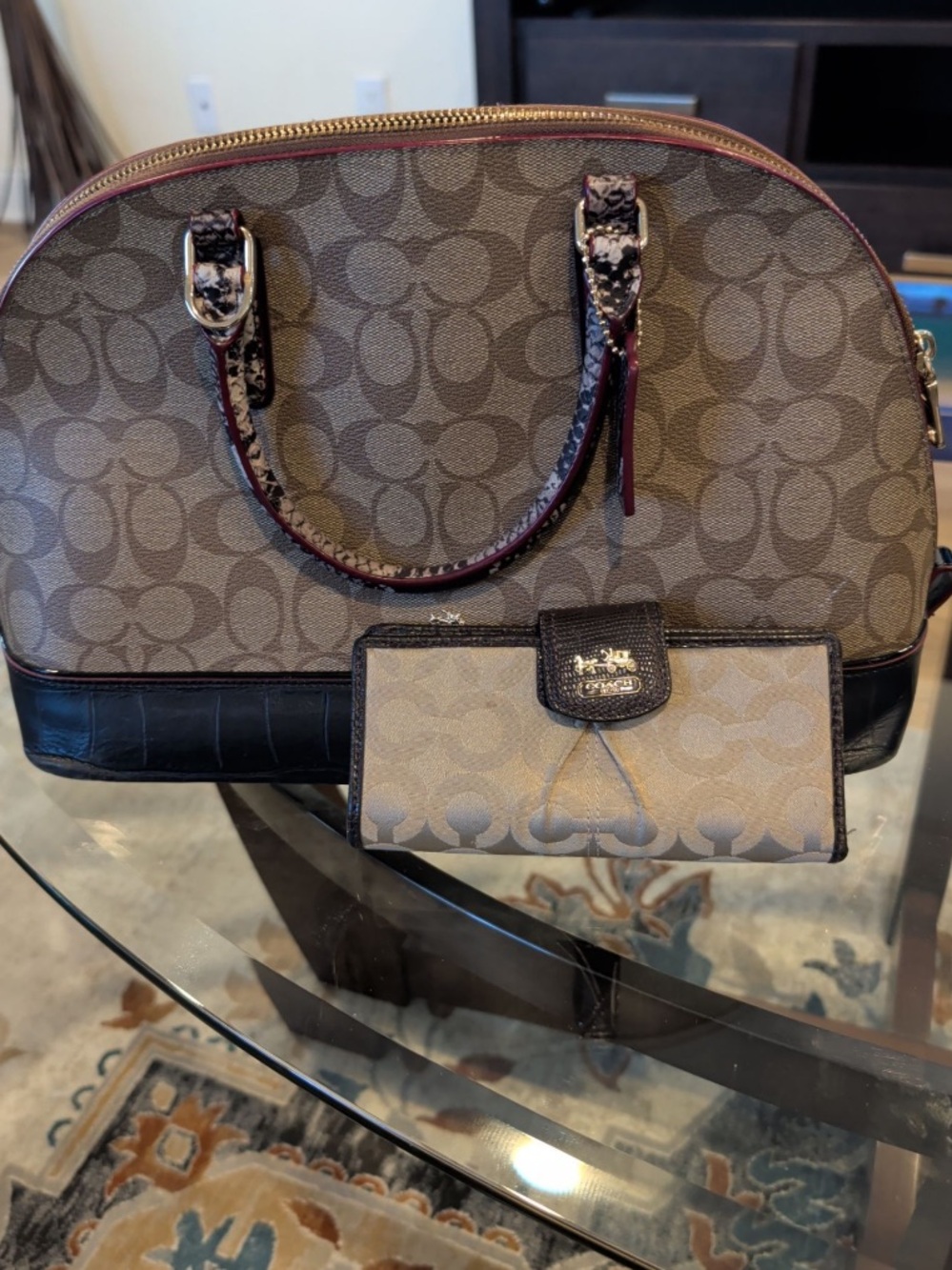 Coach Brown Signature Dome Satchel with Black Trim and Burgundy Edge